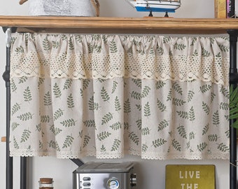 2 Panels Linen Cafe Curtains| Green Olive Vines Branches Printing Nature Beige Linen Cotton Curtain Ivory Cottom Lace Trim |Kitchen Curtains