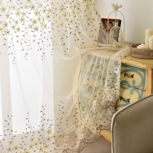 Custom American Country Yellow Gold Fragrans Florals Embroidered on White Lace Sheer Curtain,Sheer Curtains Embroidered,Sheer Curtains