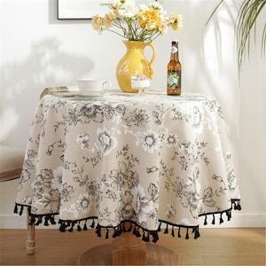 Peony Floral Linen Tablecloth: Round Beige Bohemia Table Cover with Black Tassels
