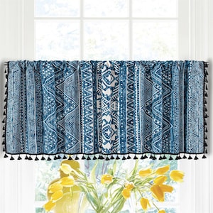 2 Panels Linen Cafe Curtains|White Geometric Designing Printing on Navy Blue Linen Cotton Curtain Black Tassels |Kitchen Curtains,Door Decor