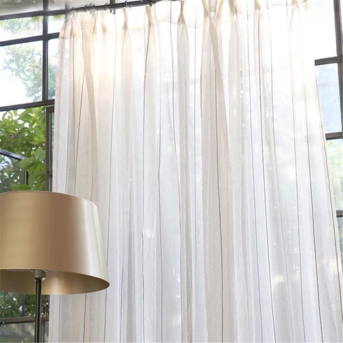 Linen Blend Sheer Curtain: Beige White Wide Stripe Fabric