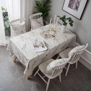 White Marble Pattern Linen Tablecloth: Rectangle Picnic Cloth
