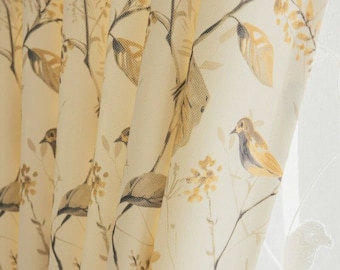 Grey Yellow Birds Branches Flowers Printing on Cream Blackout Curtain,Bedroom Curtain,Girl Guest Room Curtains,Blackout Roman Shades,Drapes