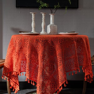 Vintage Orange Cotton Crochet Tablecloth Pattern Tassels Fabric Garden Decor,Rectangle Tablecloth,Square,Country,Knitting Background Green