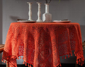 Vintage Orange Crochet Cotton Tablecloth with Tassels