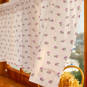 Linen Cafe Curtains: Purple Rosa Multiflora Embroidery, Soft White Cotton, Half Curtain (2 Panels)