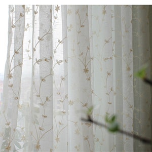 Cortinas personalizadas Country Cream Leaves Vines Ramas bordadas en tela de cortina transparente de lino blanco, Panel de cortina Country, Calcomanía para sala de estar
