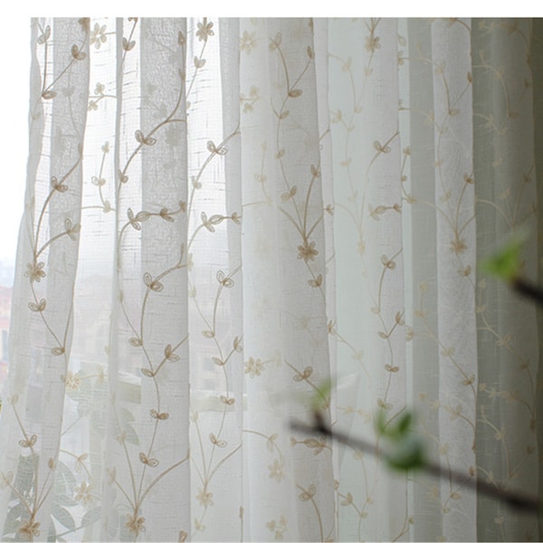 Custom Curtains Country Cream Leaves Vines Branches Embroidered on White Linen Sheer Curtain Fabric,Country Curtain Panel,Living Room Decal