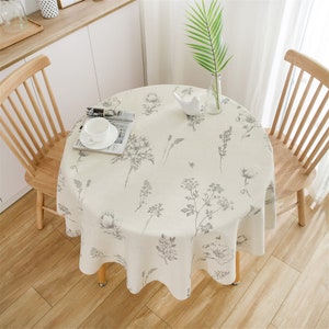 Floral Linen Round Tablecloth: Black Pen Sketch Print, 59'' Diameter