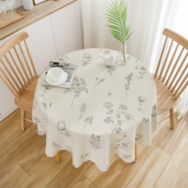 Round Table Cover Black Pen Sketch Flower Plant Branches Printing on Linen Table Cloth Fabric,Picnic Round Tablecloth Cloth Diameter 59''