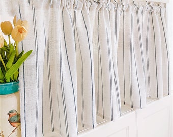 2 Panels Linen Cafe Curtains| Natural Ivory Navy Blue Vertical Stripes Jacquard Beige Linen Sheer Curtain|Kitchen Curtains,Hallway