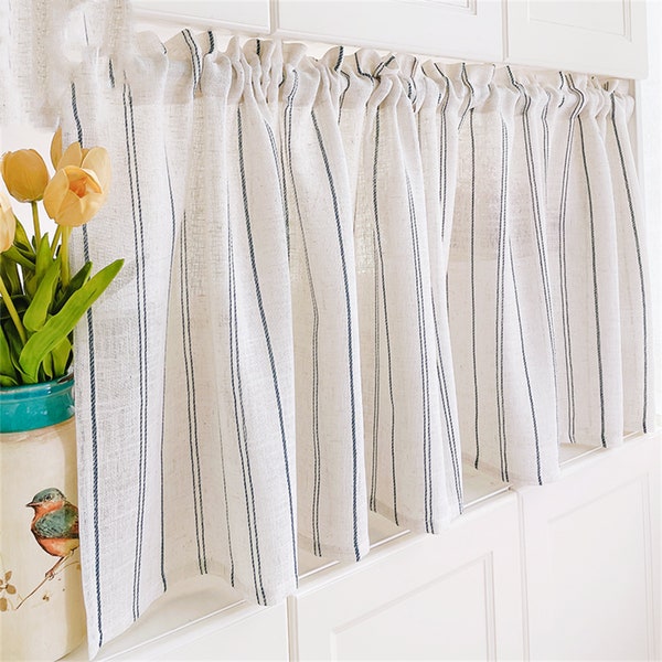 2 Panels Linen Cafe Curtains| Natural Ivory Navy Blue Vertical Stripes Jacquard Beige Linen Sheer Curtain|Kitchen Curtains,Hallway