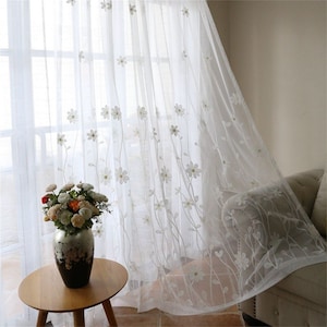 Custom Cotton White Europe Vintage Long Flower Floral Branches Embroidered  Lace Sheer Pair Curtains,Living Room,Bedroom ,BackDrop