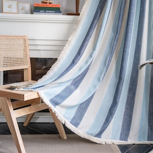 Bohemia Blue Alternate Stripes Jacquard Linen Cotton Semi Blind Curtain Ivory Trim,Vertical Cotton Curtains Blackout,Grey,Yellow,Pink