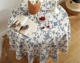 Round Navy Blue Floral Tablecloth: Bohemia Linen Fabric, Vintage Style