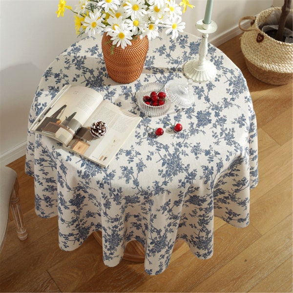 Round Navy Blue Vines Flowers Printing Ivory Table Cover Bohemia Linen Table Cloth Fabric,Tablecloth Mediterranean Style,Country ,Vintage