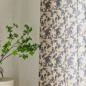 Navy Blue Roses Branches Printing Beige Linen Cotton Semi Blind Curtain Fabric with Ivory Tassels Trim,Shade Cotton Curtains ,Custom