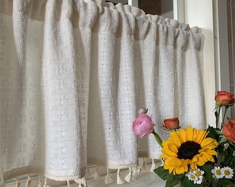 Linen Cafe Curtains: White Crochet Knit with Ivory Tassels - Boho Kitchen Decor