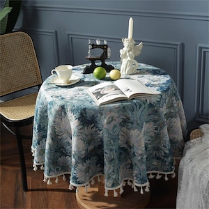 Round Table Cover Model American Oil Painting Blue Flowers Jacquard Linen Table Cloth with Ivory Cotton Tassels