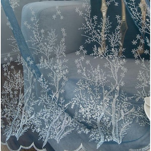 Custom Quality Retro Blue Gradients Dense Fog Magic Forest Embroidered on Blue Lace Sheer Curtain ,Grey Forest Sheer Curtains Embroidered