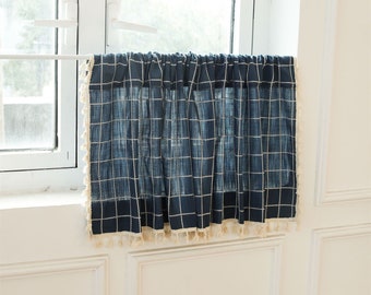 2 Panels Linen Cafe Curtains| White Cotton Yarn Checks Jacquard Navy Blue Linen Cotton Curtain Ivory Tassels Trim |Kitchen Curtains Door