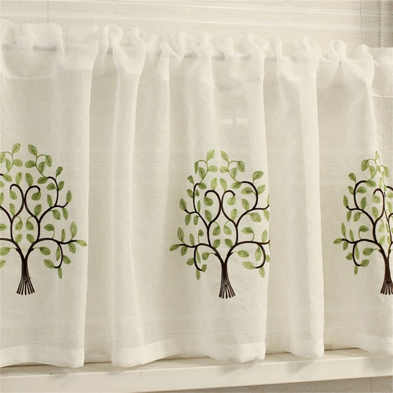 刺繍入りツリーシアーカフェカーテン：リネン混紡、フレンチスタイル