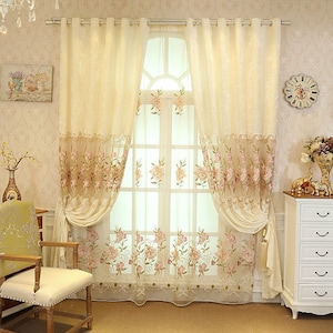High Quality Vintage Large Pink Cream Peony Flowers Embroidered on White Lace Sheer Curtain Fabric,Cream Flower Hollow Blackout Curtains