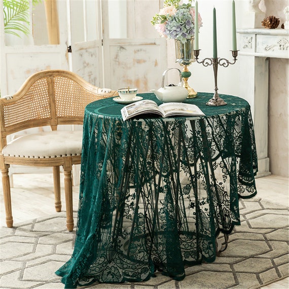 Vintage Green Lace Crochet Tablecloth: Round Cotton Linen Table Topper