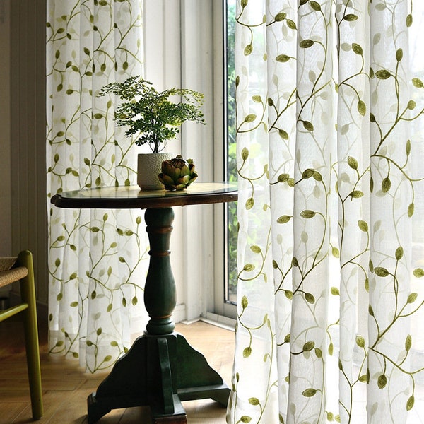 Transparant wit kanten gordijn: geborduurde groene bladeren, slaapkamerdecoratie