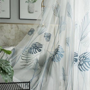 Custom Beautiful Big Blue Plantain Leaves Embroidered on White Linen Sheer Curtain,Sheer Curtains Embroidered,Tropic Leaf,Country