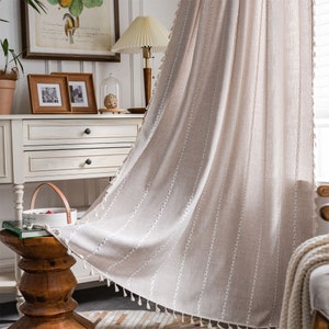 Bohemia White Twist Cross Stripes Jacquard Brown Grey Pink Green Linen Cotton Semi Blind Curtain Ivory Trim,Vertical Cotton Curtains