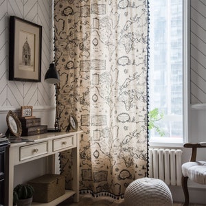 Zwarte Wereldkaart Afdrukken op Beige Linnen Katoen Semi Blind Gordijn Stof Zwarte Franjes Trim, Schaduw Gordijnen, Verduisterende Gordijnen Kaart Gordijn