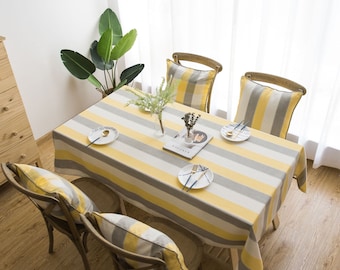 Yellow and Grey Stripes Cotton Tablecloth Fabric Waterproof Table Cloth,Rectangle Table Cover ,Grey Stripes Table Runner,Pillow Cover