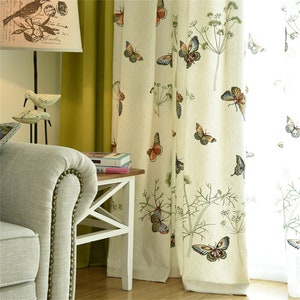 Brown Green Butterflies Dancing Flying Flowers Branches Embroidered on White Beige Linen Blackout Curtain 85% Blinding,Butterfly Curtains