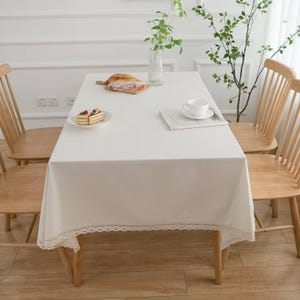 White Cotton Linen Tablecloth with Lace Trim: Solid Picnic Cloth