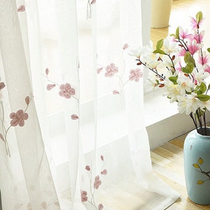 Pink Peach Blossom White Branches Embroidered on White Lace Sheer Curtain Fabric,Sheer Curtains Embroidered,Sheer Curtains for BackDrop Room