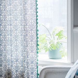 Vintage Navy Blue Flowers Printing Nature Beige Linen Cotton Semi Blind Curtain Fabric Green Tassel Trim,Navy Blue Curtains Blackout