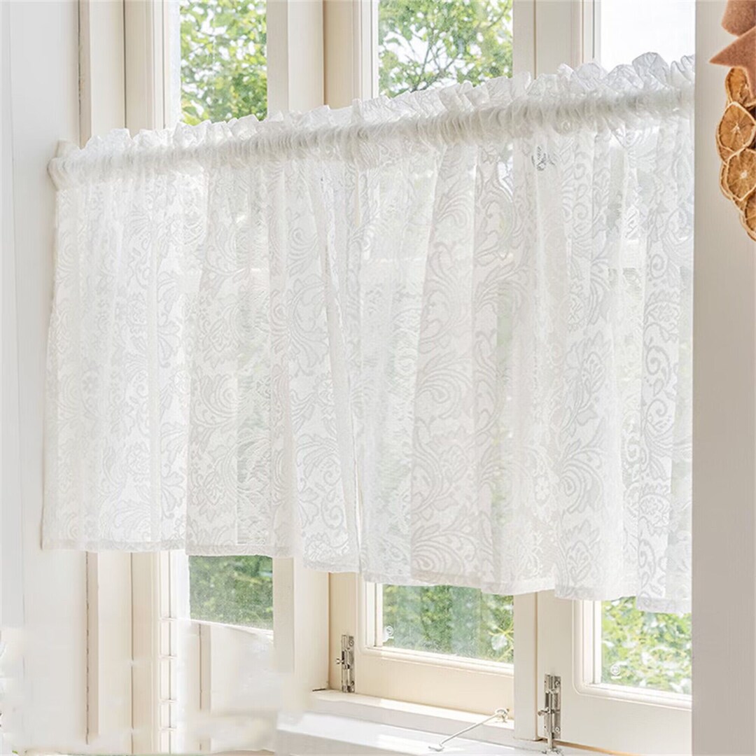 2 Panels Cafe Curtains White Hollow Phoenix Flower Dancing Jacquard Sheer Lace Curtain Trim