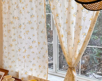 2 Panels Linen Cafe Curtains| Little Yellow Flowers Bouquet Cotton Curtain |Kitchen Curtains/Half Curtains/Wild Flowers