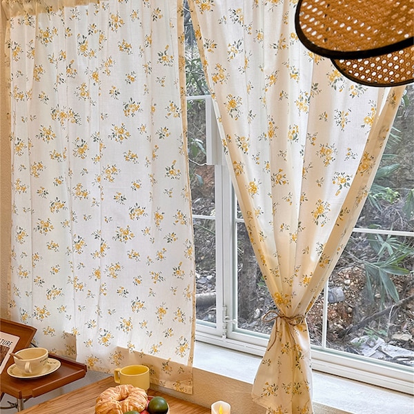 Linen Cafe Curtains: Yellow Wildflower Bouquet, Cotton Half Curtains (2 Panels)