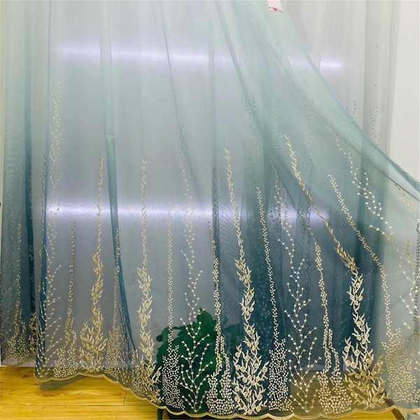 Custom Quality Retro Blue Gradients Water Grass Vines Magic Forest Embroidered on Blue Lace Sheer Curtain ,Grey Sheer Curtains Embroidered