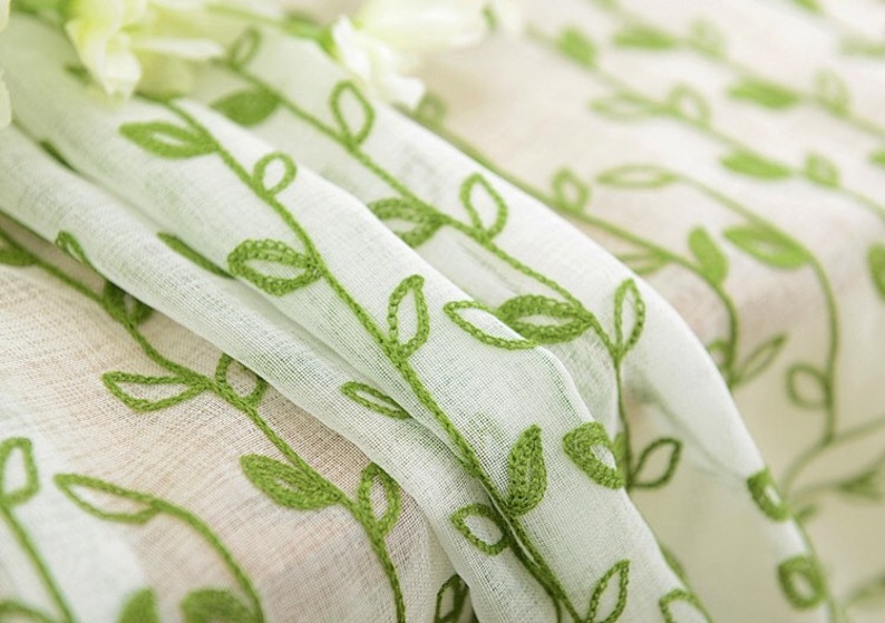 Europe Flying Green Willow Branches Embroidered on White Lace Sheer Curtain Fabric,Sheer Curtains Embroidered,Sheer Curtains