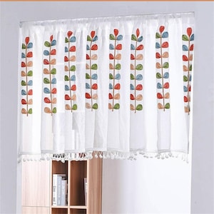 Cortinas de café de 2 painéis | Cortina colorida de frutas cristalizadas listras verticais cortina de algodão de linho transparente guarnição de pompom branco |
