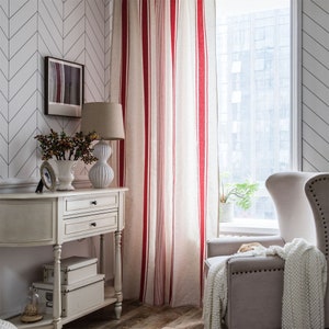 Bohemian Curtain Red Vertical Wide Slim Stripes Cotton Linen Cotton Semi Blind Curtain Fabric,Curtain Panels Kitchen Living Room,Dining Room