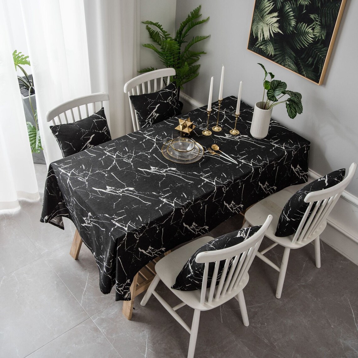 White Marble Pattern Printing Linen TableclothBlack Marble Etsy