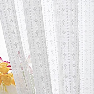 White Small Plane Floral Stripes Design Jacquard on White Lace Sheer Curtain Fabric,Sheer Curtains Embroidered,Sheer Curtains for BackDrop