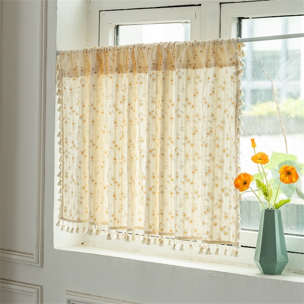 2 Panels Linen Cafe Curtains| Yellow Orange White Daisies Flowers Stripes Linen Cotton Curtain Ivory Tassels Trim |Kitchen Curtains