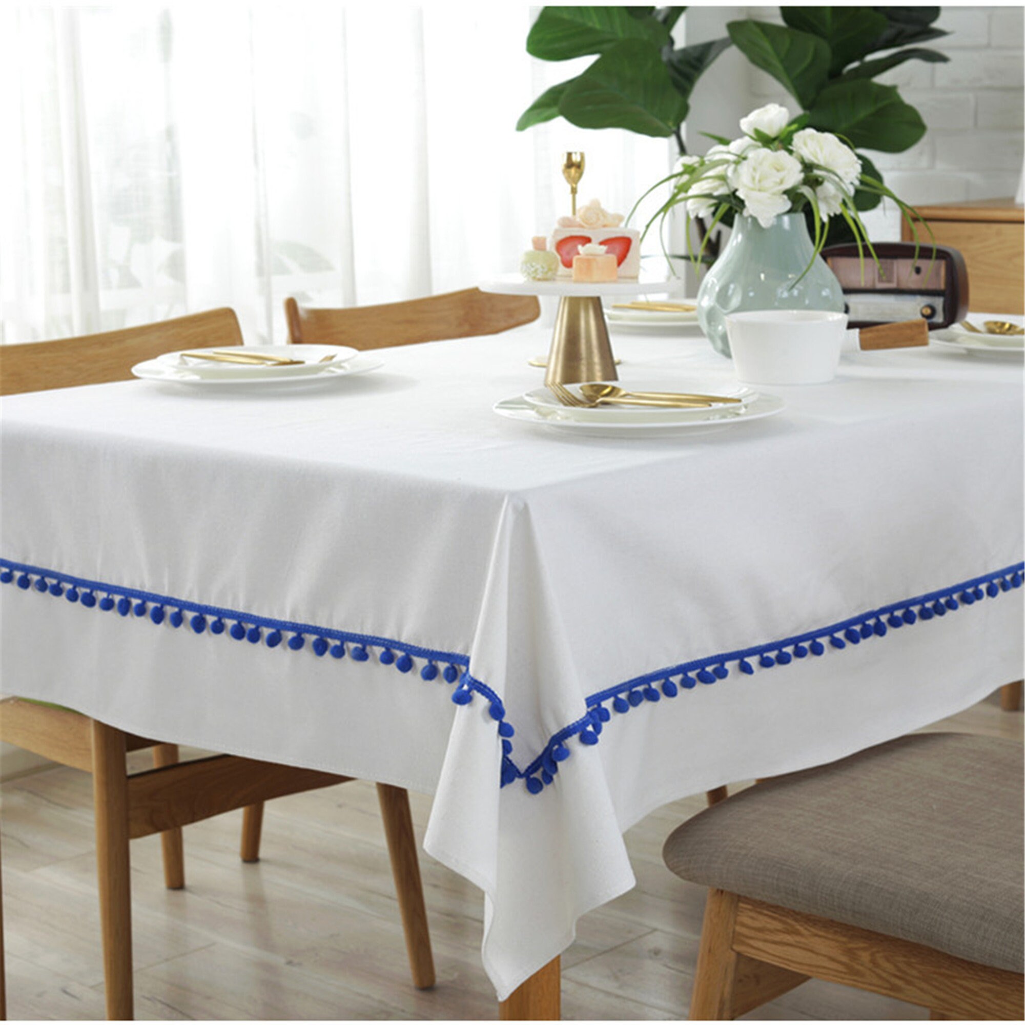 Solid White Cotton Linen Tablecloth Fabric with Blue Pompom Etsy