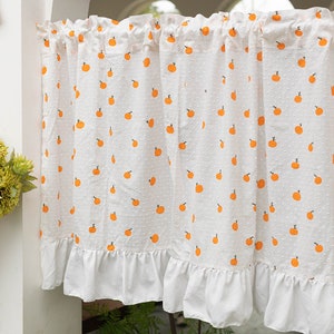 2 Panels Linen Cafe Curtains|Lovely Little Oranges Soft White Spotted Embroidered White Cotton Curtain Ripped Edge Trim |Kitchen Curtains,