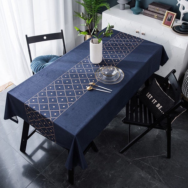 Country Navy Blue Golden Dot Jacquard Velvet Nappe Tissu, Tissu, Chemin de table géométrique, Nappe Triangle Bleu, Tapis de table imperméable à l’eau